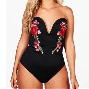 Boohoo Black Embroidered Plunge Bodysuit